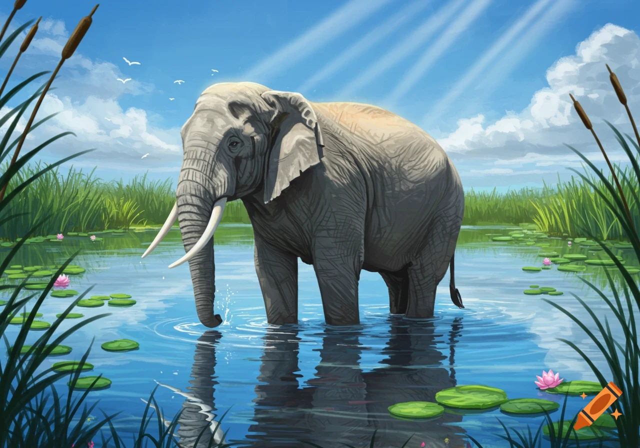 An elephant stands in a shallow body of water with lily pads and tall reeds, under a bright blue sky with sun rays.