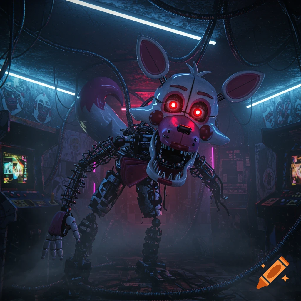 An ominous Mangle animatronic with glowing red eyes and exposed wires stands in a dark arcade with neon lights.