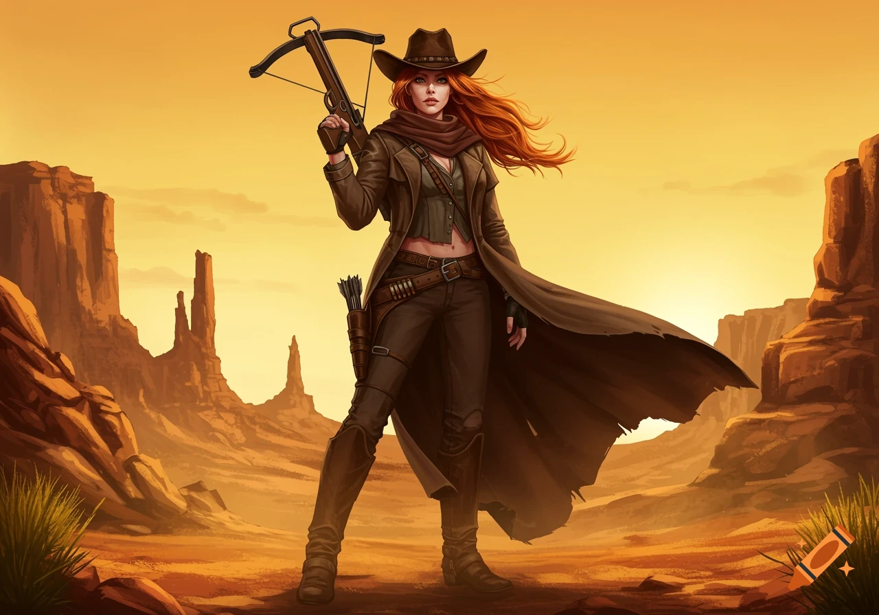 Illustrated redhead woman in a cowboy hat and duster holds a crossbow in a desert landscape.