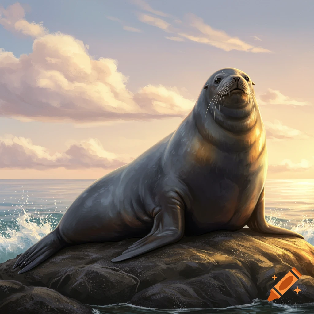 A large seal rests on a rock in the ocean, basking in the warm light of a sunset or sunrise sky.