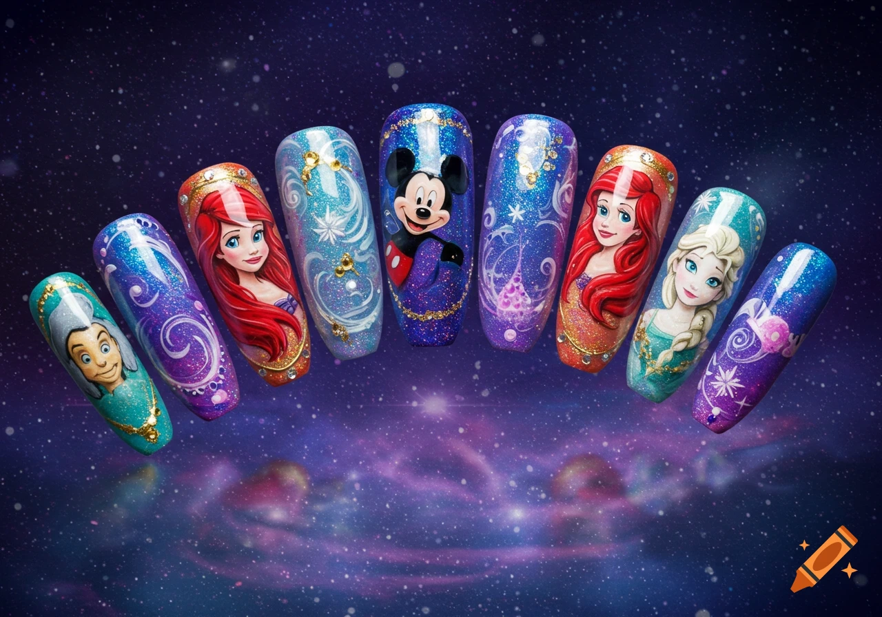 Colorful false nails featuring Disney characters like Ariel, Mickey Mouse, and Elsa, adorned with glitter and jewels against a starry galaxy background.