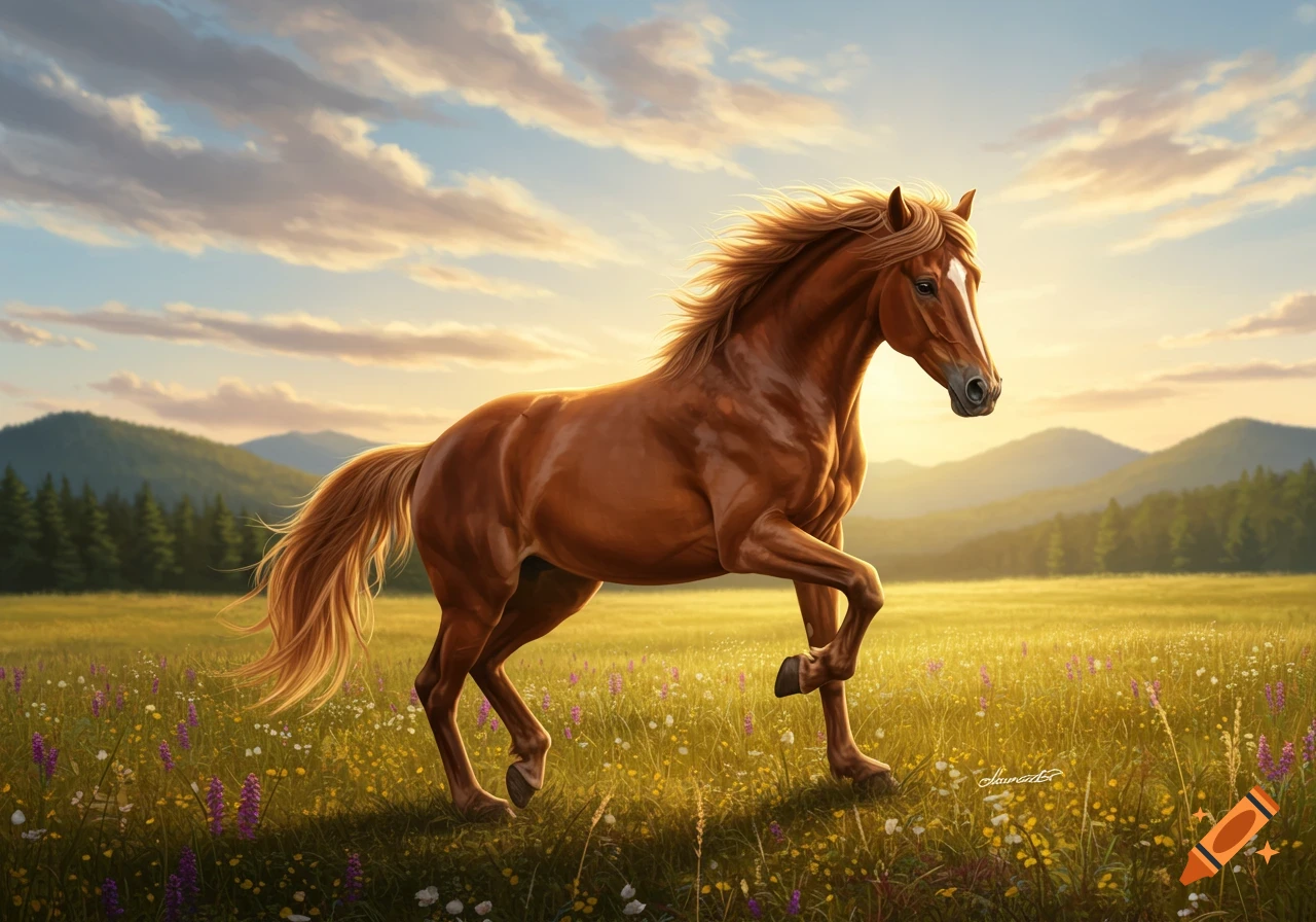 A brown horse with a flowing mane stands in a sunlit field filled with wildflowers, with mountains in the background.
