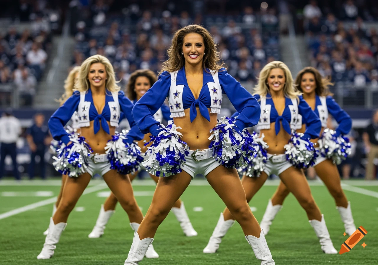 Photorealistic image of multiple Dallas Cowboys cheerleaders in blue and white uniforms with pom-poms on a football field.