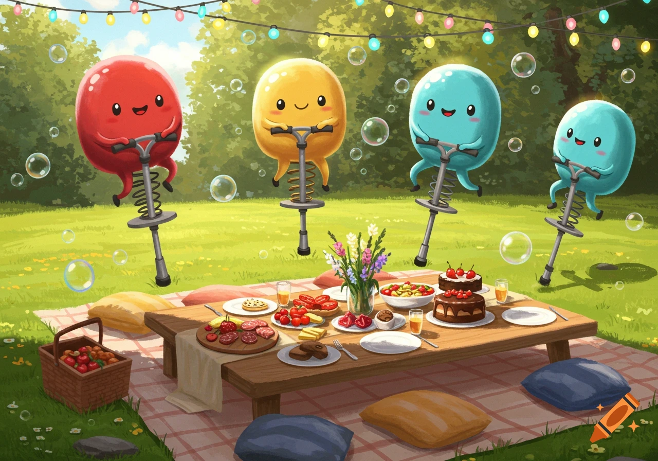 Four cute, colorful characters on pogo sticks bounce around a sunny park picnic scene with food and bubbles in a whimsical cartoon style.