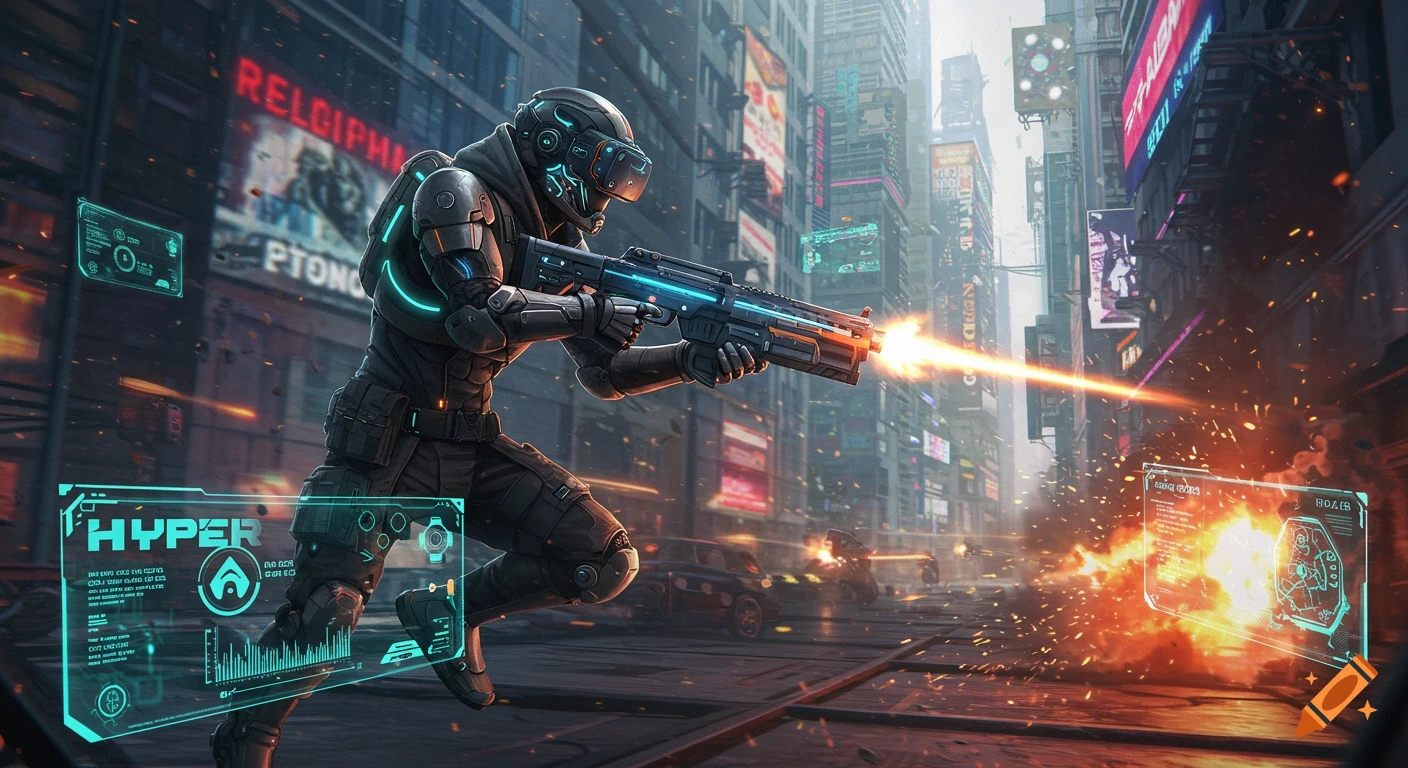 A futuristic soldier in black armored suit and VR helmet fires a rifle in a cyberpunk city street with neon signs and explosions.