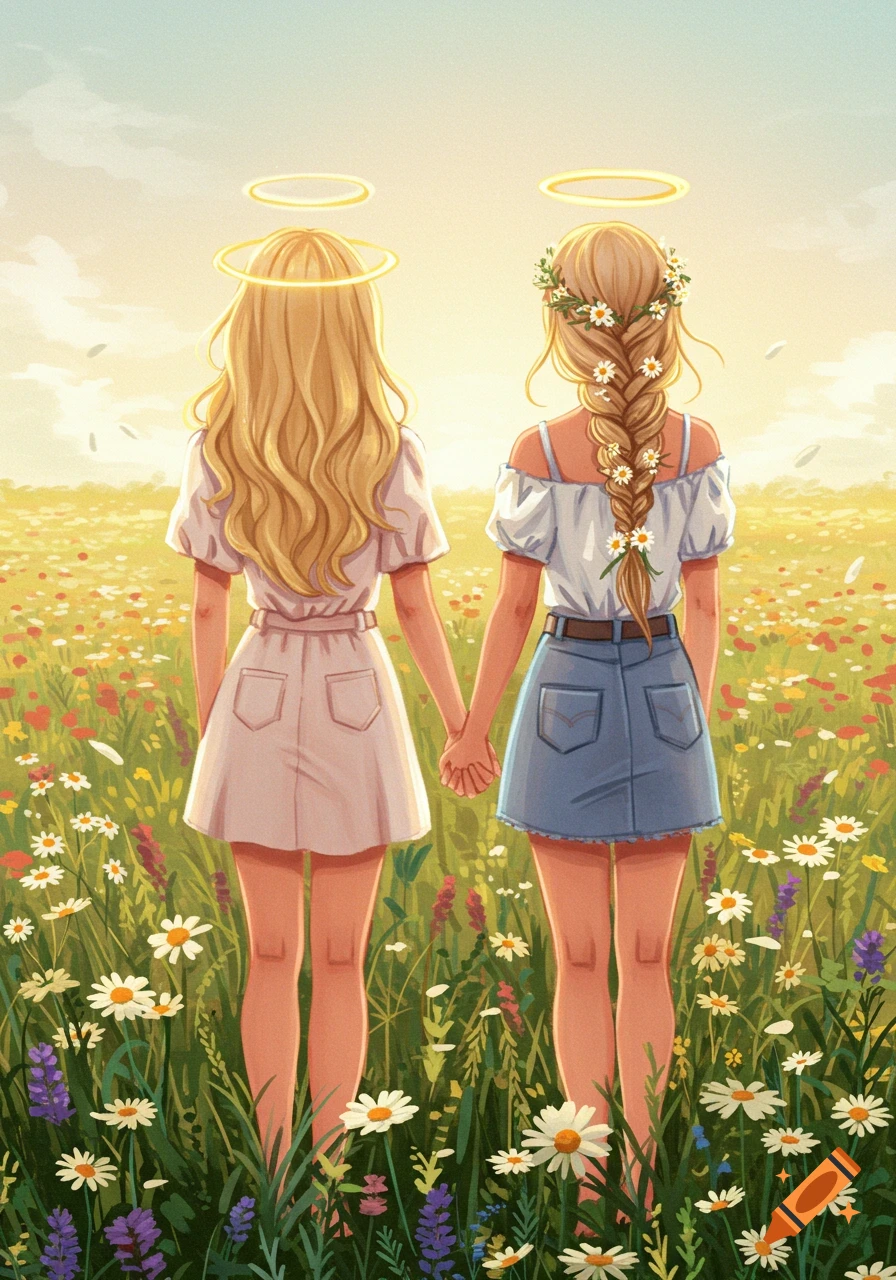 Two illustrated girls with halos, viewed from behind, hold hands while standing in a bright field of wildflowers.