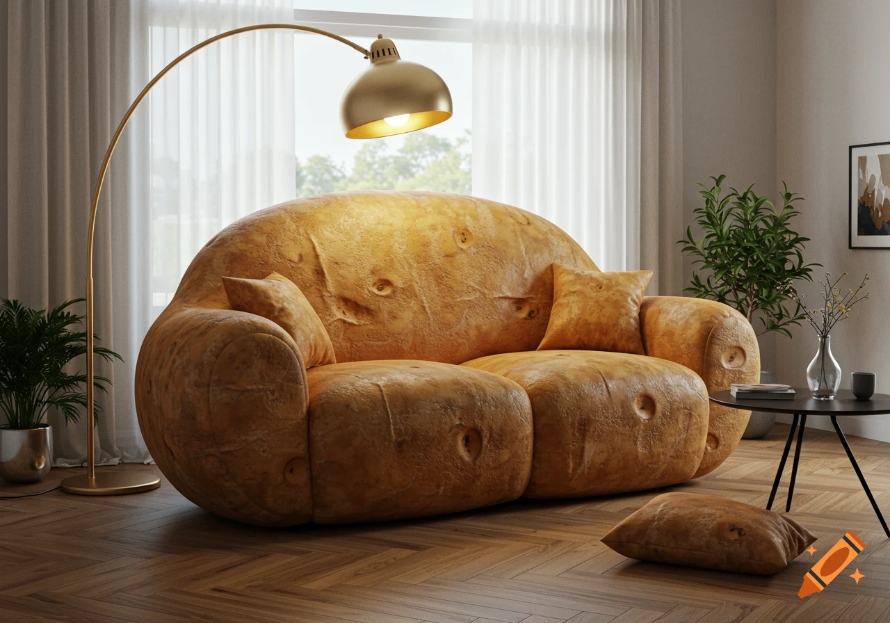 A photorealistic potato-shaped couch with eye indentations in a bright living room with a golden lamp and a large window.