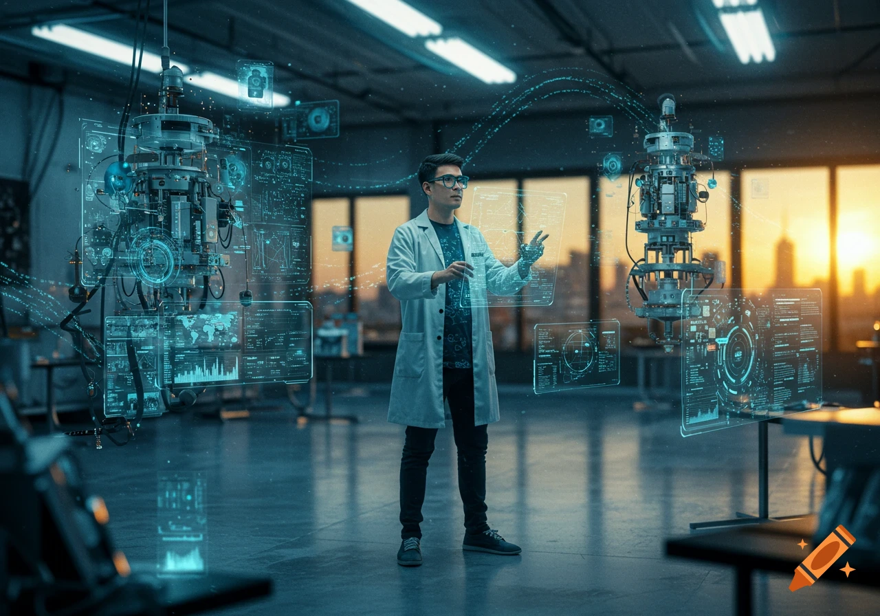 A man in a lab coat interacts with multiple glowing holographic interfaces in a futuristic laboratory.
