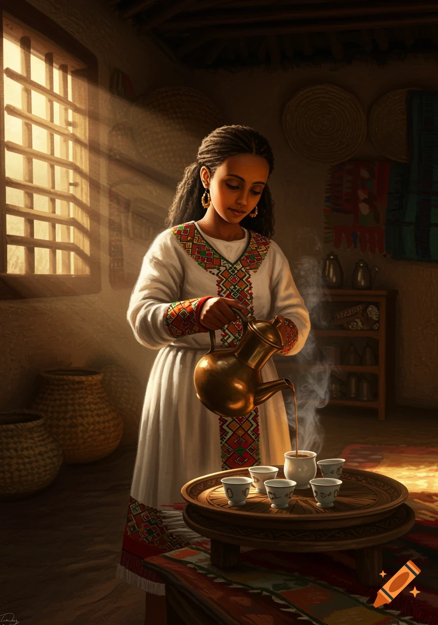 A young woman in a traditional Ethiopian dress pours coffee from a golden pot into small cups in a sunlit, rustic room.