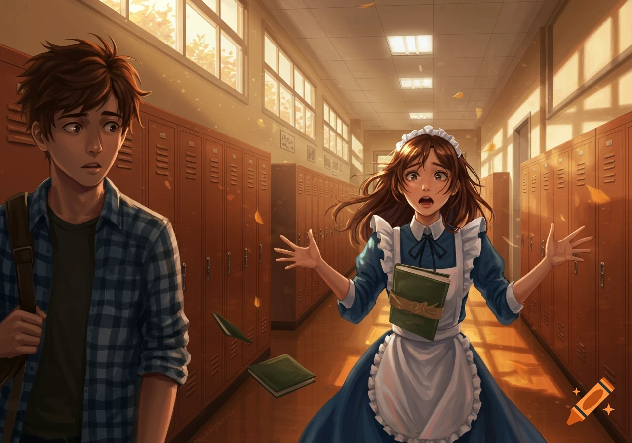 An anime-style image of a brown-haired girl in a blue maid dress dropping books in a sunlit school hallway, looking surprised as a brown-haired boy watches her.