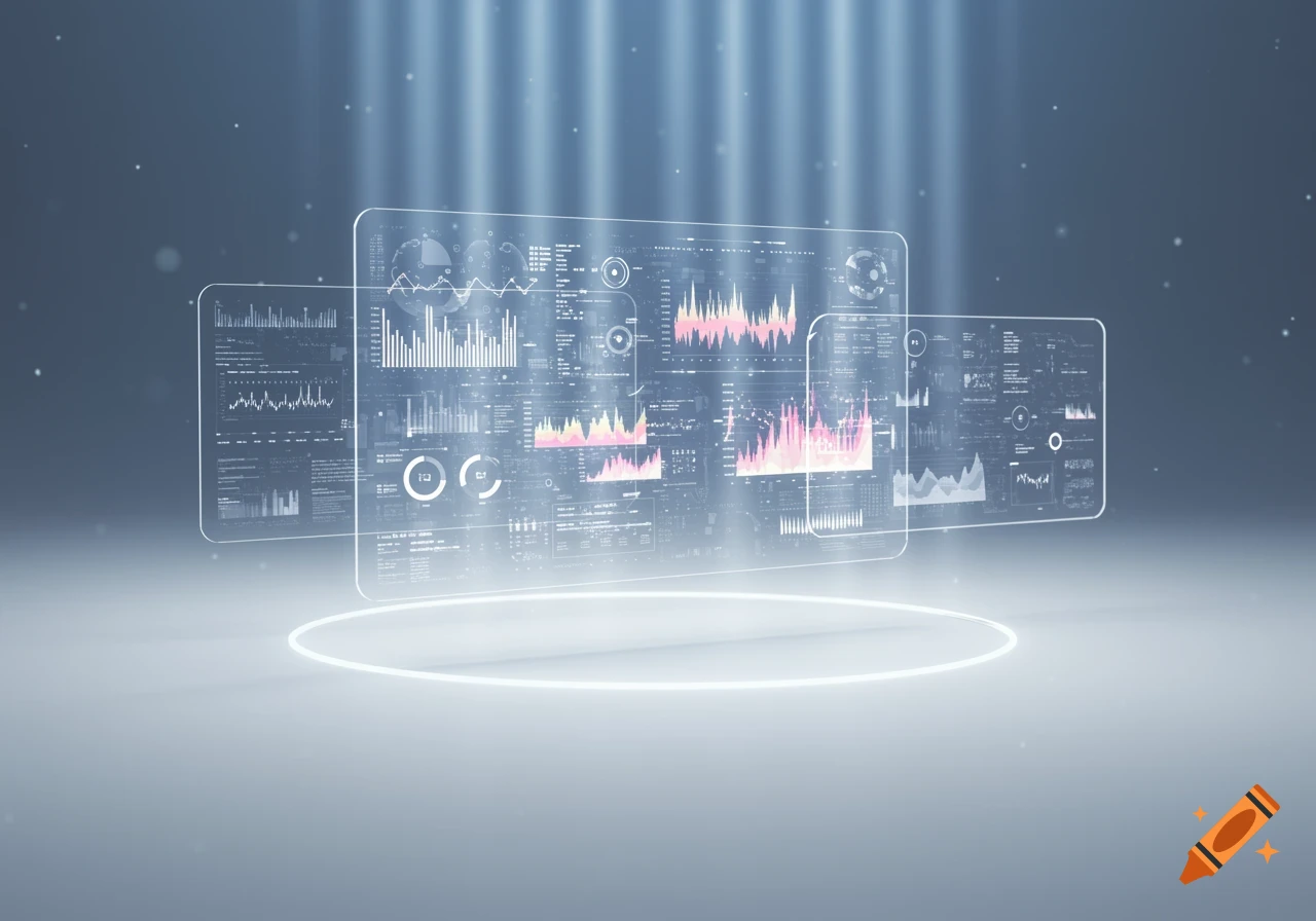 Multiple glowing, transparent screens display abstract data visualizations in a futuristic, clean digital environment with light beams.
