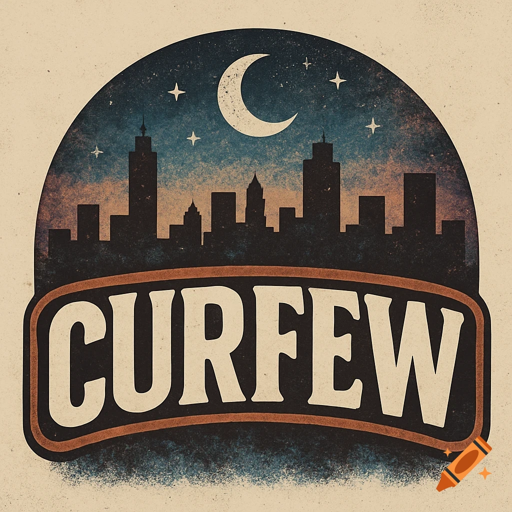 A vintage-style logo with a city skyline silhouette under a starry night sky and a crescent moon, with 'CURFEW' text.