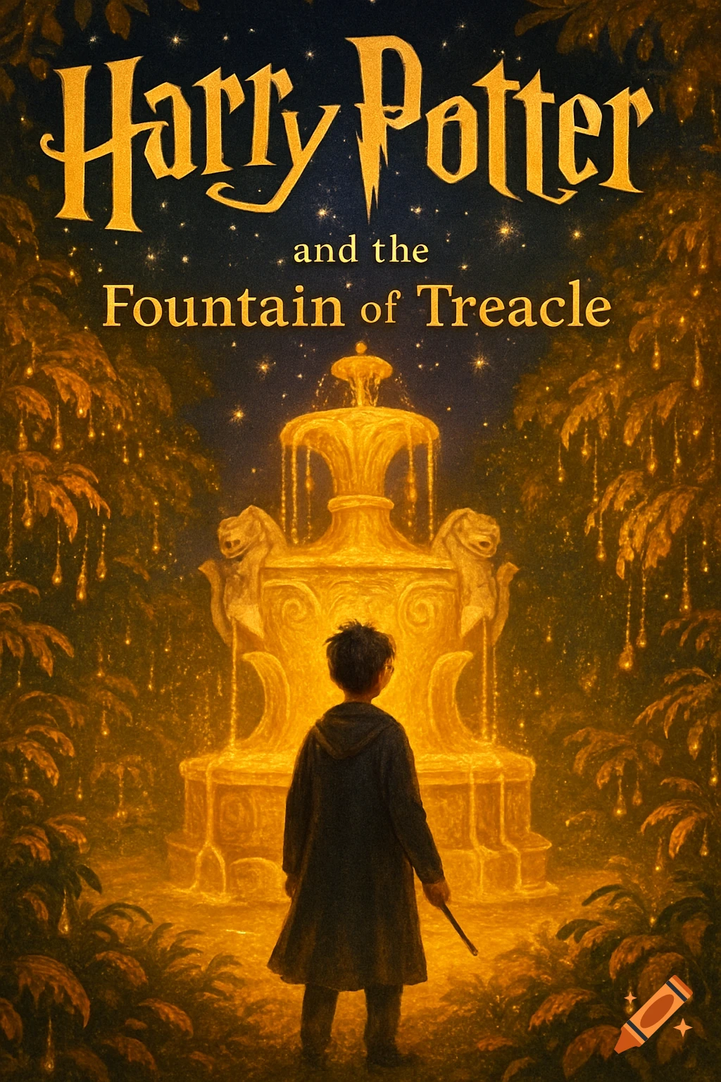A boy in a dark cloak stands before a glowing golden fountain in a mystical forest, with the title 'Harry Potter and the Fountain of Treacle' above.