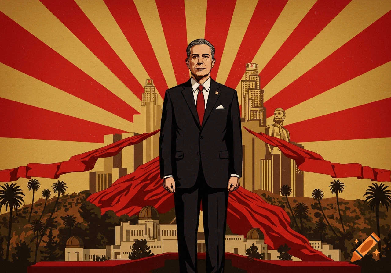Man in a suit in a Soviet propaganda-style poster with a red and gold sunburst, city buildings, palm trees, and a statue.
