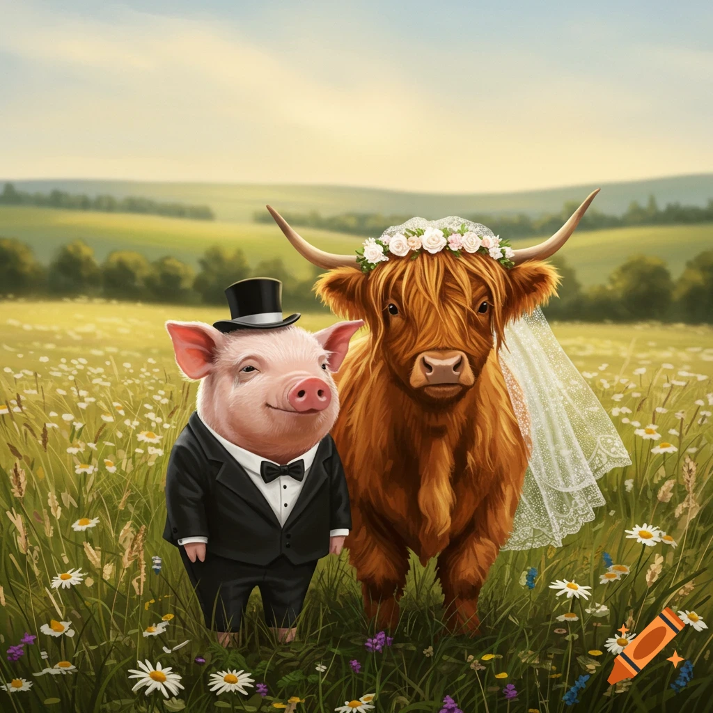 A whimsical illustration of a pig in a tuxedo and top hat standing next to a Highland cow in a wedding veil and floral crown in a meadow.