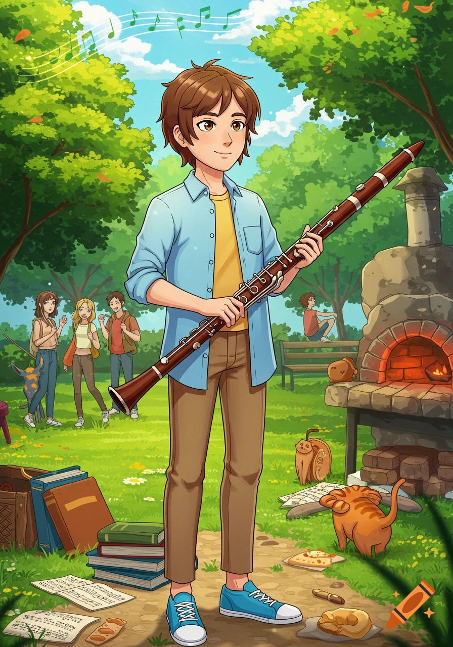 A cartoon illustration of a teenage boy holding a bass clarinet in a park. Musical notes float above him. Friends, books, cats, and a pizza oven are in the background.