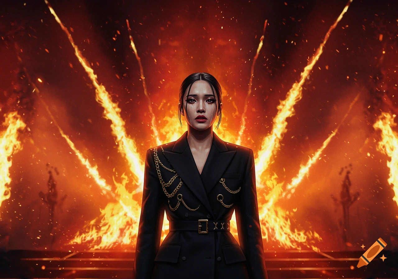 A woman with dark hair and tear-streaked face in a black blazer with gold chains stands on a stage with dramatic flames behind her.