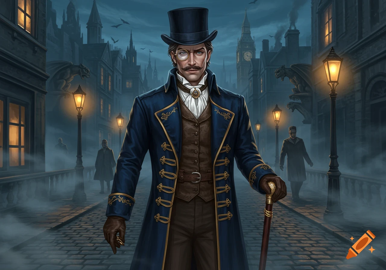 A dapper Victorian-era gentleman with a monocle, mustache, and top hat stands on a foggy cobblestone street at night.