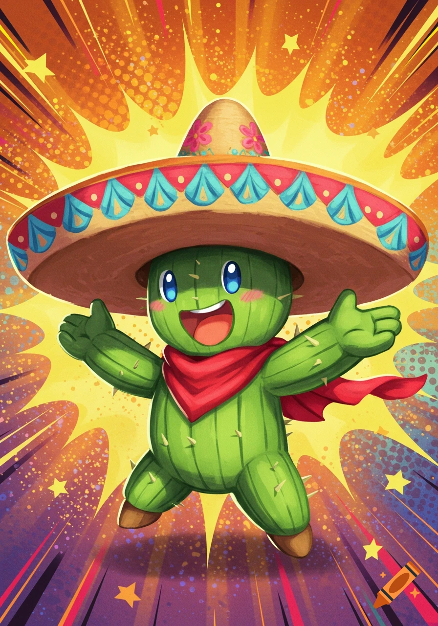 A cute chibi cactus character in a sombrero and red bandana stands cheerfully with arms outstretched against a vibrant starburst background.