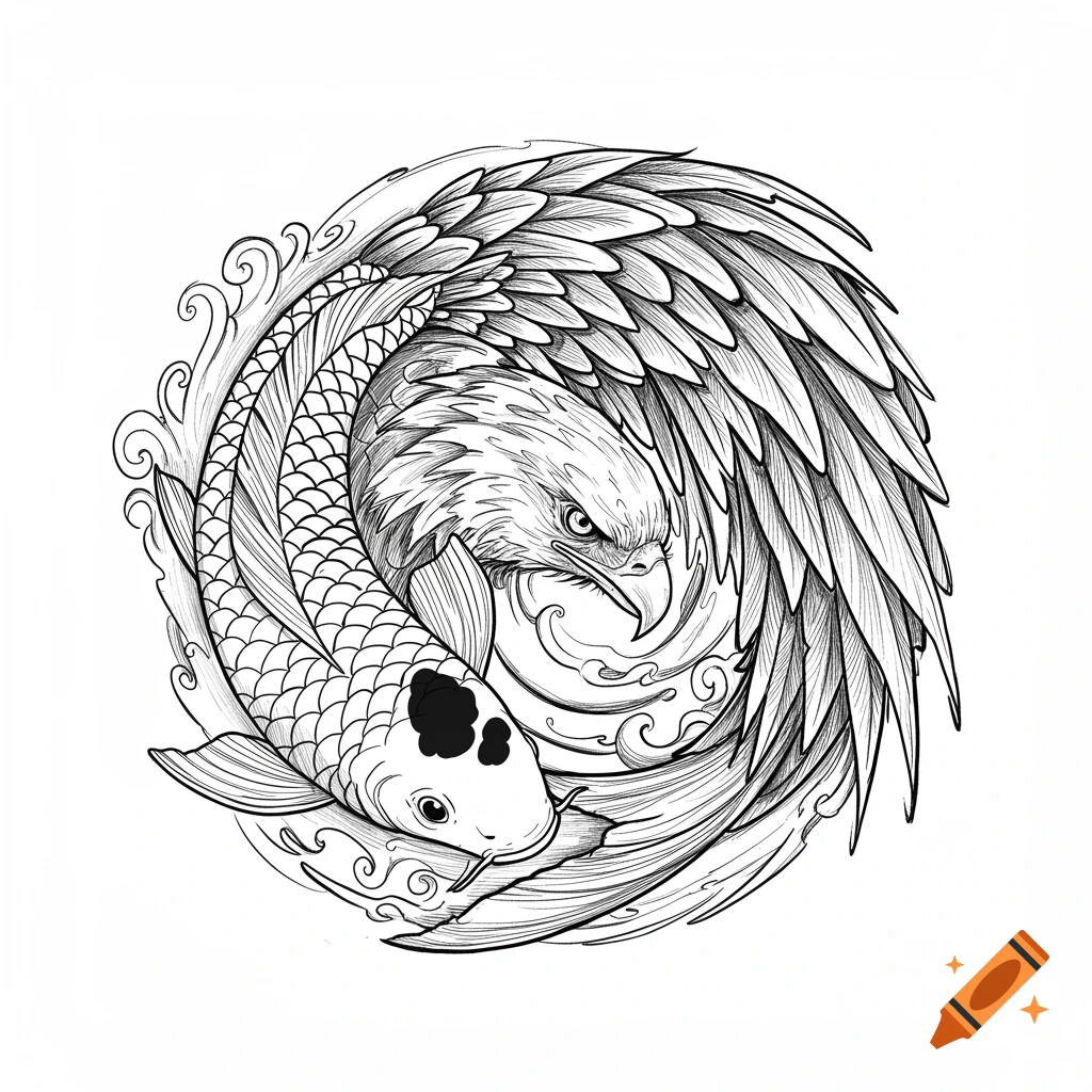 Black and white linework drawing of a koi fish and an eagle intertwined in a yin-yang symbol.