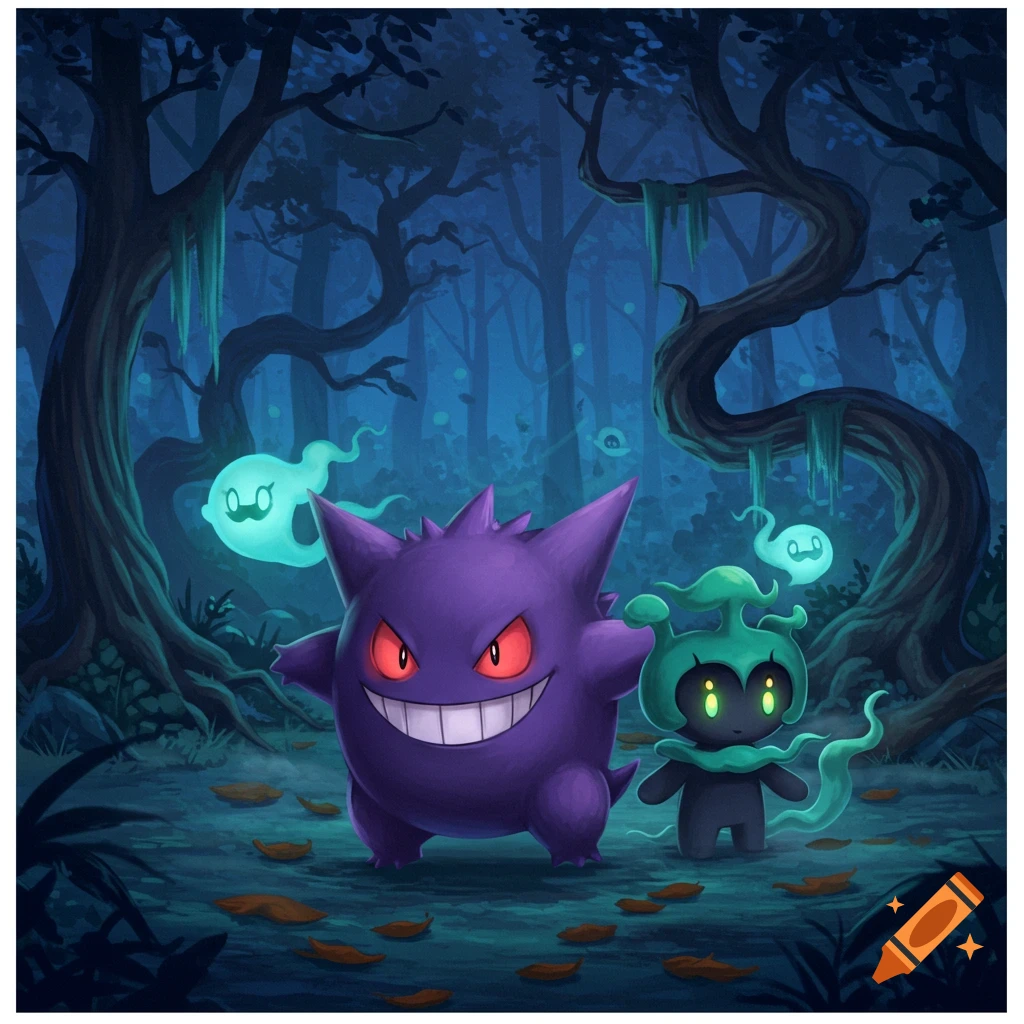 A stylized illustration of purple Gengar and dark green Marshadow in a spooky blue forest with glowing ghosts.
