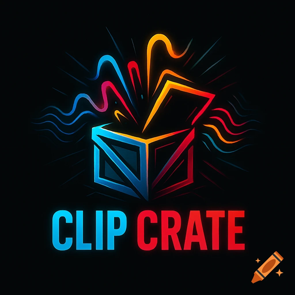 A vibrant graphic logo on a black background featuring a stylized glowing box with radiating lines above the words 'CLIP CRATE'.