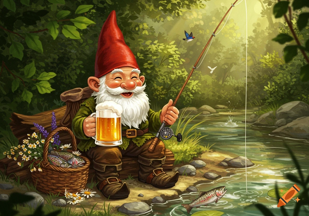 A cheerful, bearded gnome in a red hat sits by a river, holding a fishing rod and a mug of beer, with a basket of fish nearby in a lush forest.
