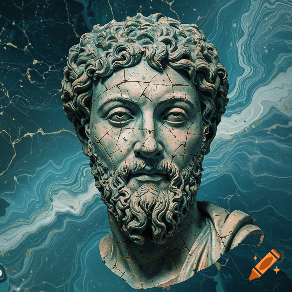 Broken classical bust of Marcus Aurelius against a swirling teal and gold marble background.
