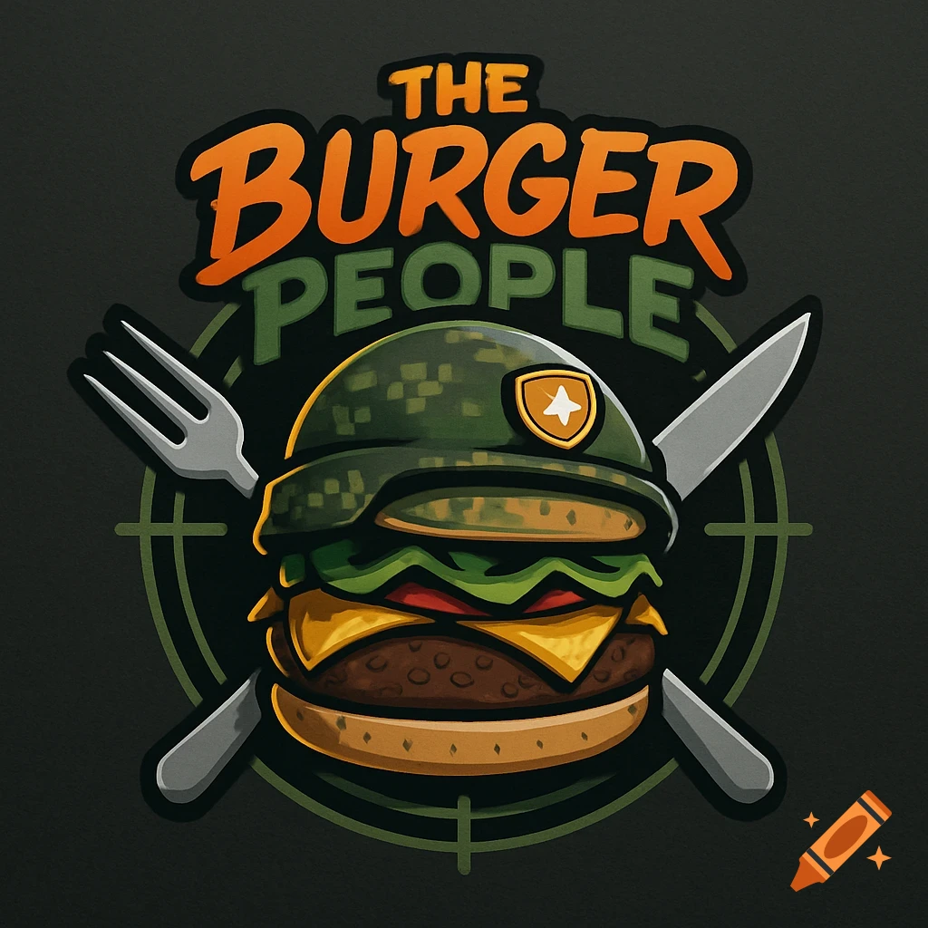 A cartoon logo featuring a burger wearing a military helmet, with a fork and knife, and the text 'THE BURGER PEOPLE'.