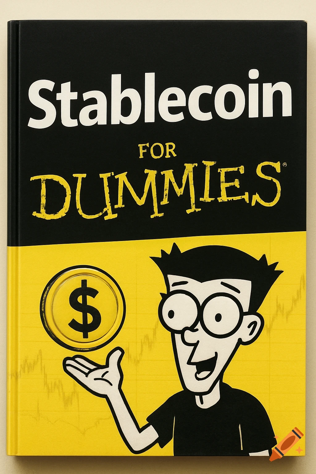 Book cover for 'Stablecoin for Dummies' with a cartoon man holding a dollar coin.