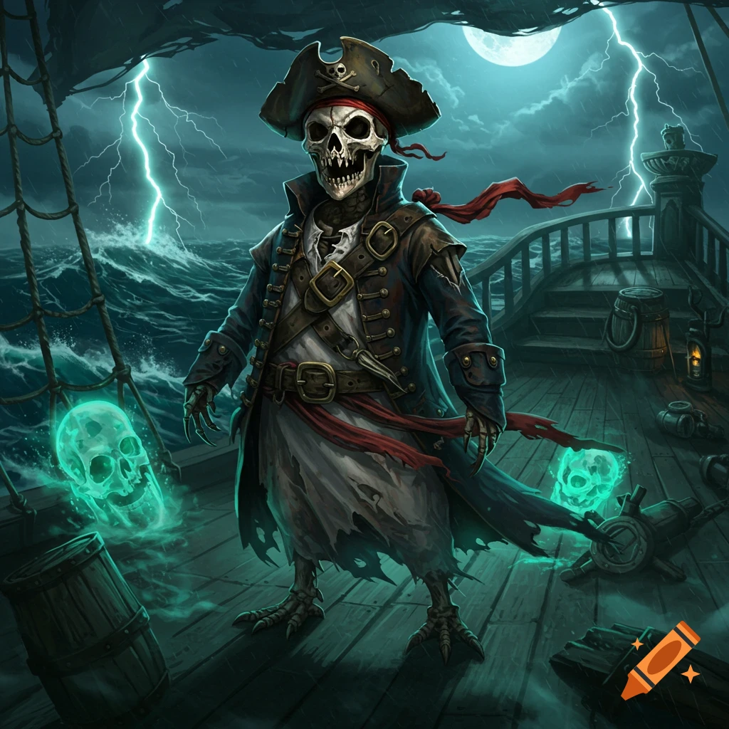 A skeletal pirate with a tricorne hat stands on a stormy ship deck under lightning and a full moon, with glowing green skulls.
