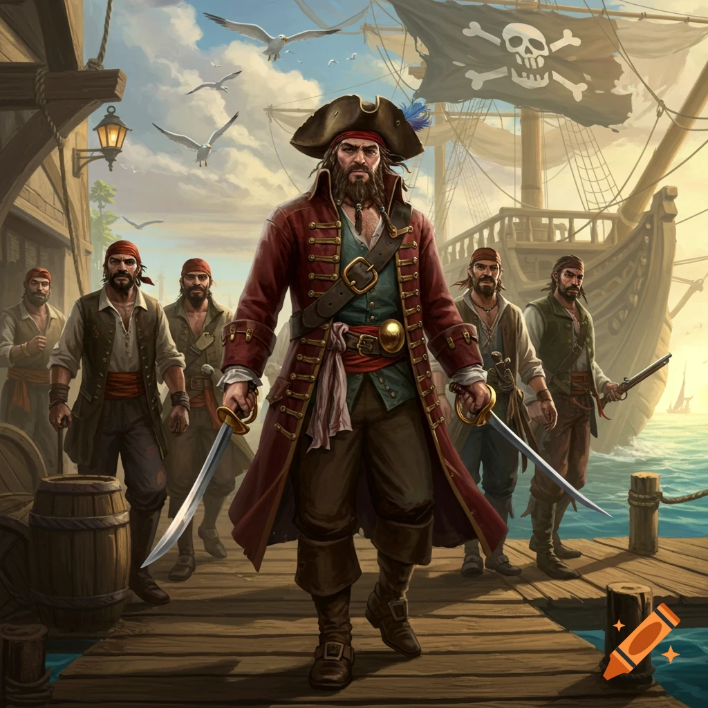 A bearded pirate captain and his crew stand on a wooden dock with a sailing ship behind them, ready to board.