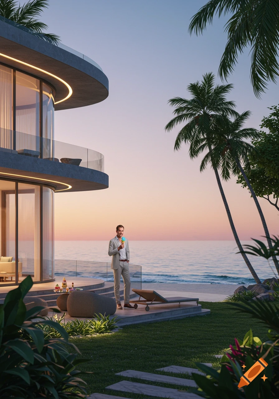 A man in a suit eats ice cream on the patio of a modern beachfront house at sunset.