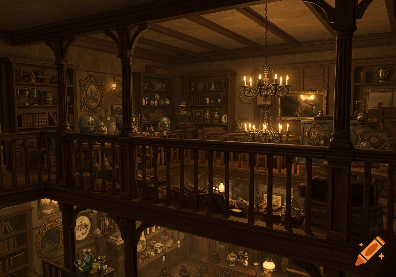 A dimly lit, vintage antique shop interior with a wooden balcony overlooking a cluttered lower level filled with various items, illuminated by chandeliers.