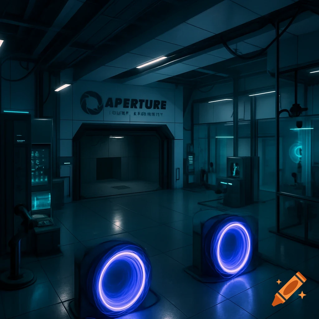 A dark, futuristic laboratory with blue and purple glowing portals on the floor and an 'APERTURE' sign.