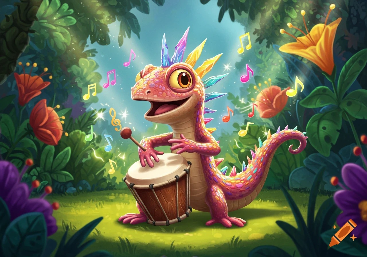 A colorful, cartoon-style lizard with rainbow spikes plays a bongo drum in a lush jungle, with musical notes floating around it.