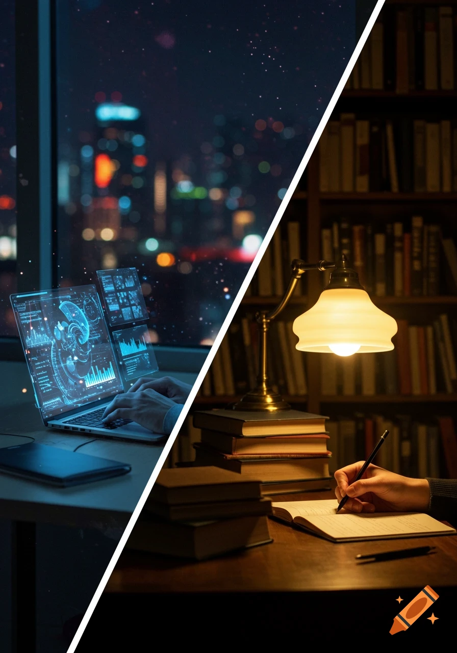 A split image shows a person typing on a laptop with holographic data overlays overlooking a city at night, and a person writing in a notebook under a lamp in a library.