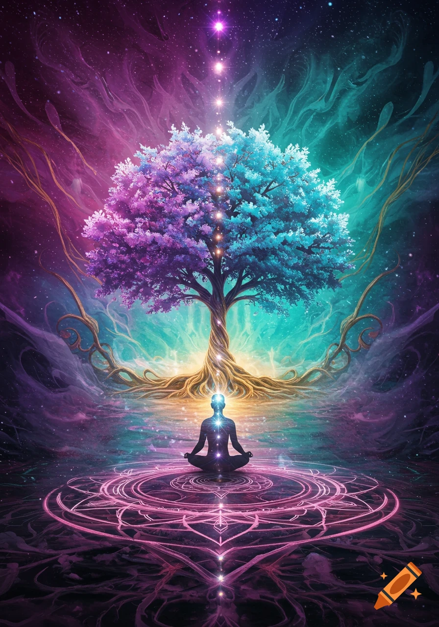 Silhouette meditating under a vibrant, glowing cosmic tree with swirling purple and teal energies.