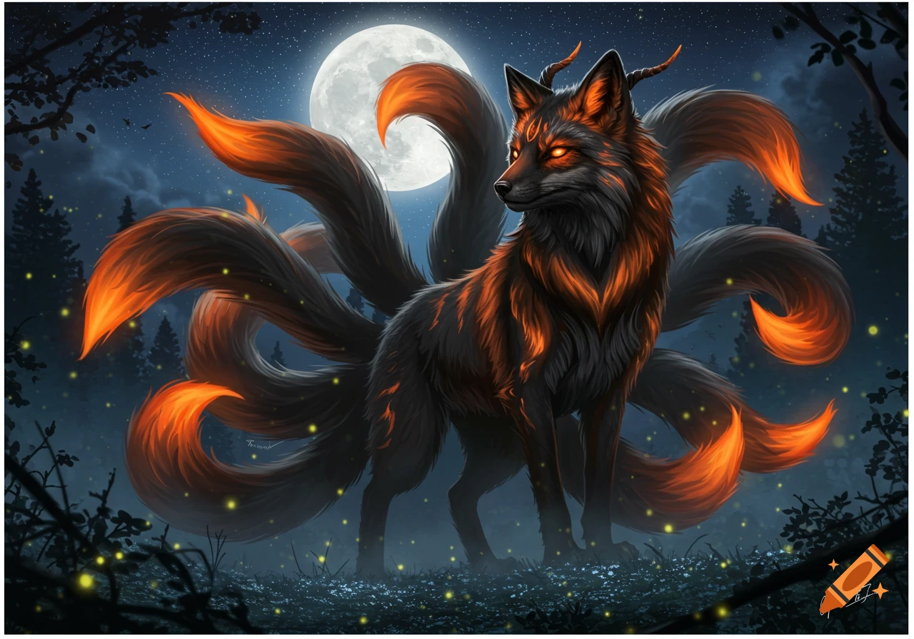 A mythical black fox with glowing orange markings and nine large tails stands in a mystical forest under a full moon, with glowing fireflies.