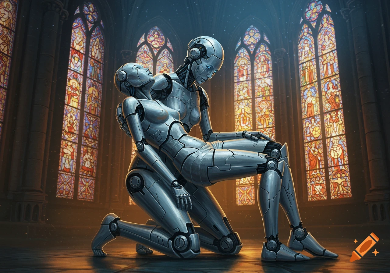 Two metallic robots in a sorrowful Pieta pose, set against intricate stained glass windows in a majestic cathedral.