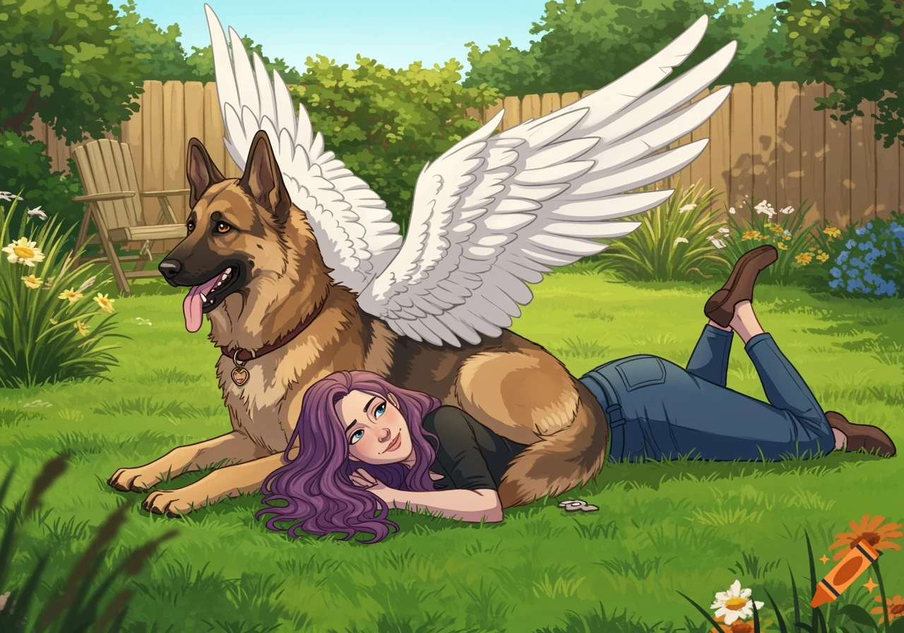 A cartoon woman with purple hair lies next to a winged German Shepherd in a sunny backyard.
