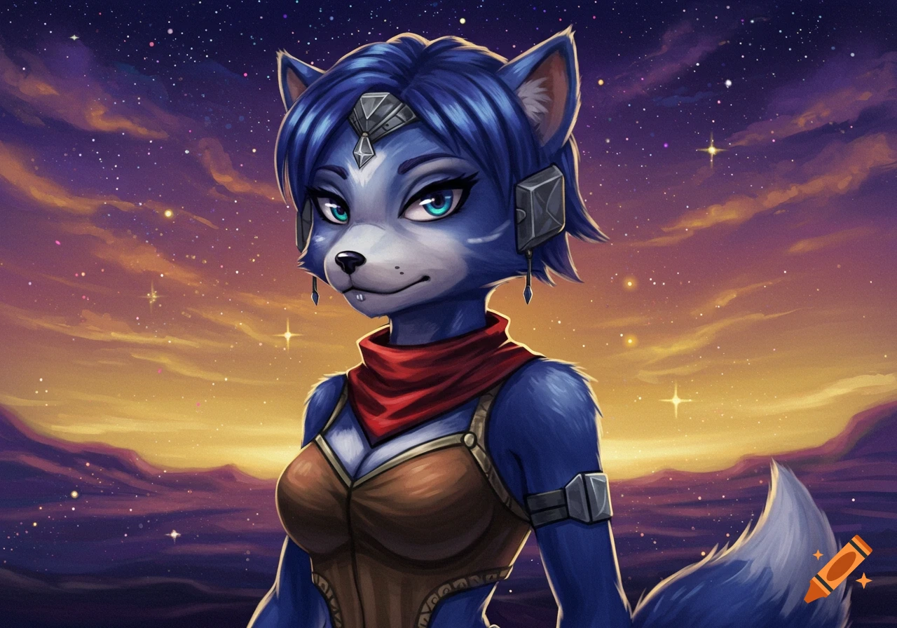 A blue anthropomorphic fox with short blue hair and a red bandana stands against a vibrant starry night sky with a sunset horizon.