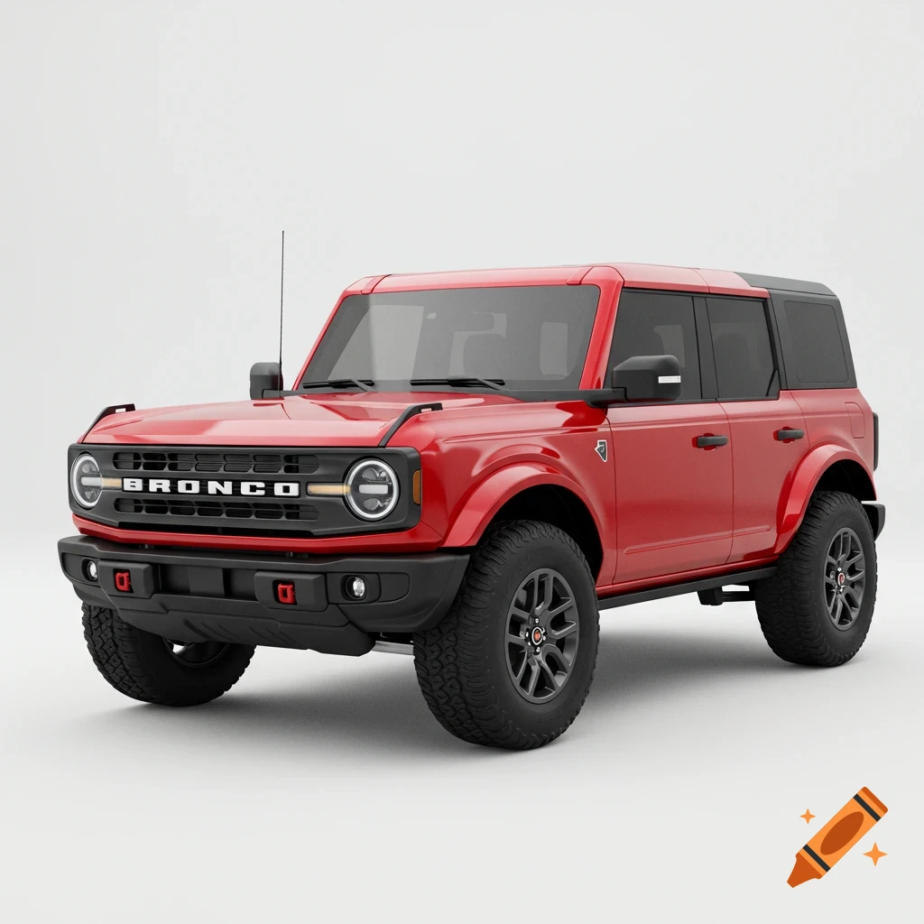 A bright red Ford Bronco SUV is parked on a white background, viewed from a front-quarter angle.