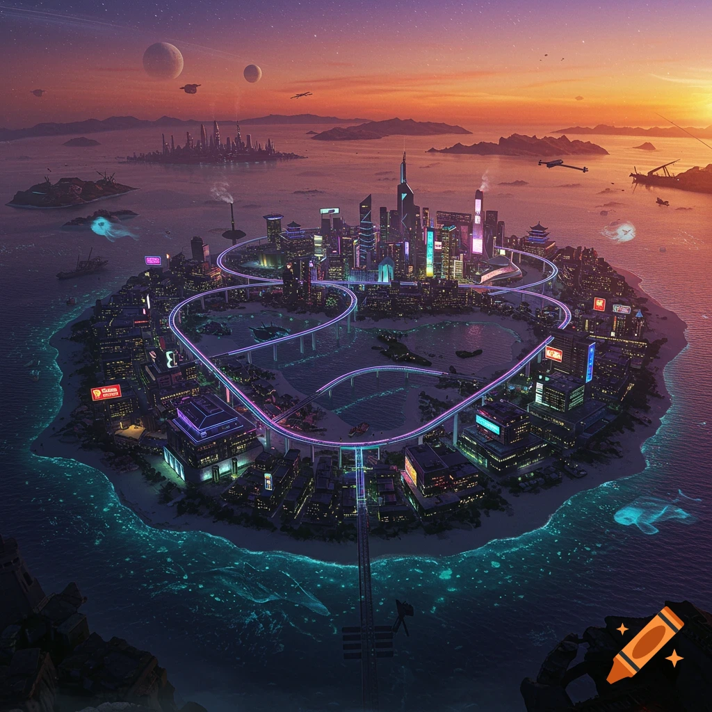 A high-altitude view of a vibrant futuristic cyberpunk island city at dusk, with neon lights, SkyRail tracks, and a glowing alien ocean under two moons.
