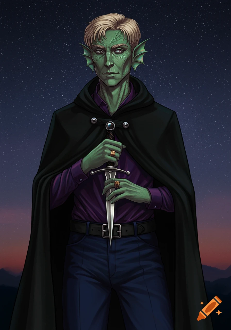 A green-skinned man with blonde hair and fins, wearing a purple shirt, blue pants, and a black cloak, holds a dagger against a starry sky.