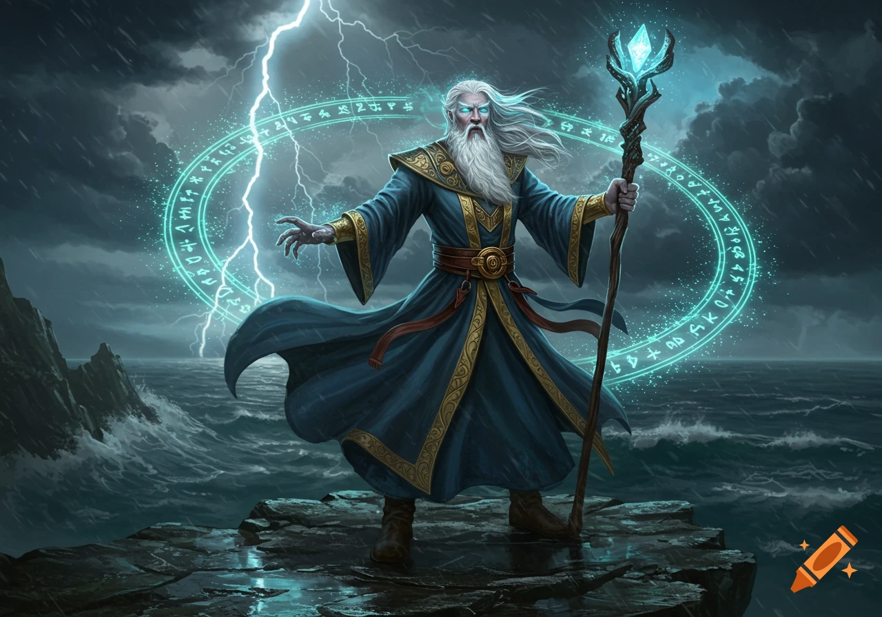 An old male wizard with white hair and beard, wearing a blue robe, stands on a cliff by a stormy sea, casting a glowing magic circle with runes as lightning strikes.
