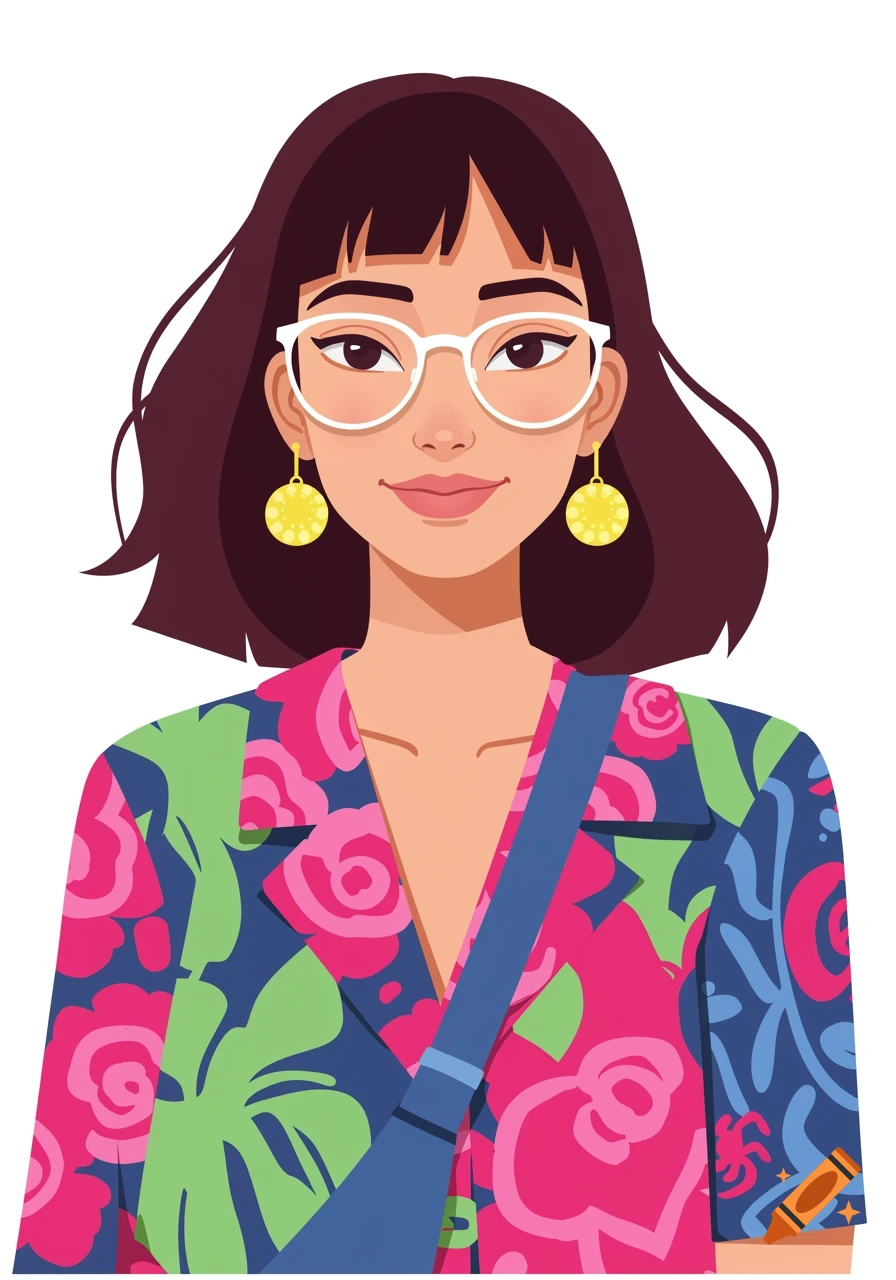 Stylized illustration of a fashionable young woman wearing glasses and a brightly patterned shirt.