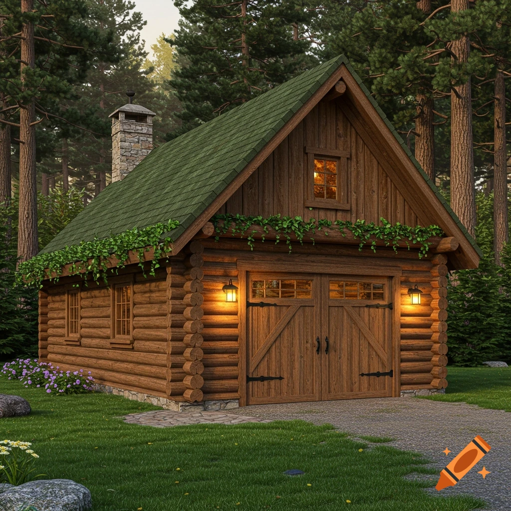 A photorealistic log cabin style garage with a green roof and double wooden doors, illuminated by two lanterns, nestled in a pine forest.