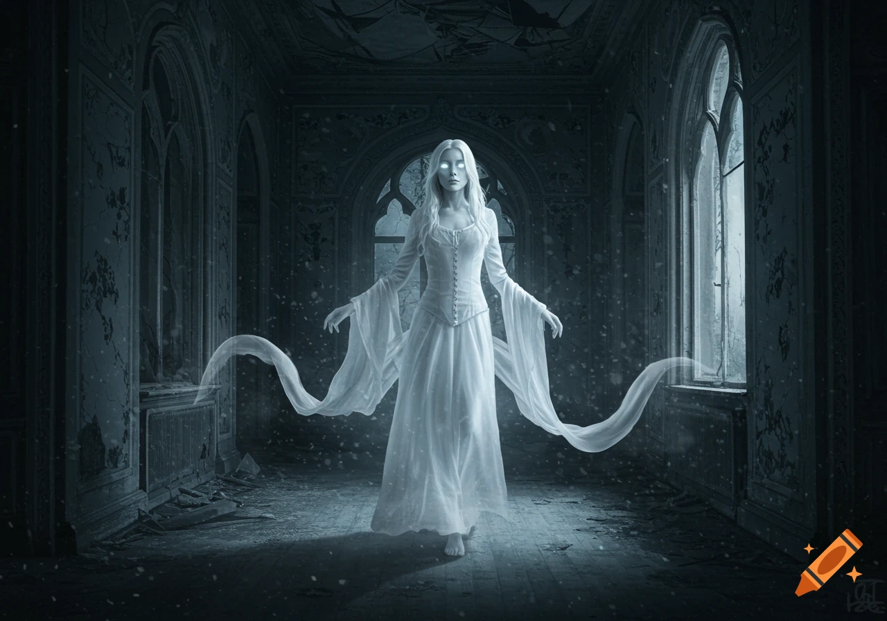 A ghostly woman in a white dress with glowing eyes stands in a decaying, dark gothic hall.