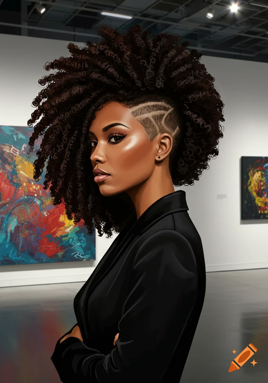 Digital art portrait of a woman with curly hair and an undercut, standing in an art gallery.